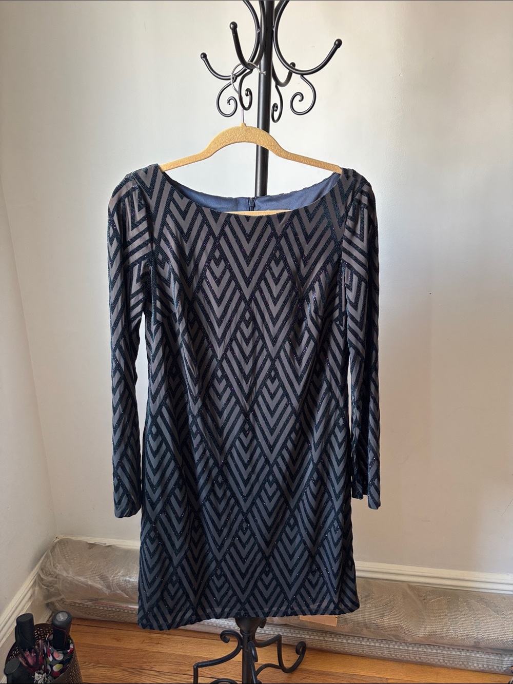 New Vince Cavuto Black  And teal  sparkle Chevron-Pattern Long Sleeve Dress 12